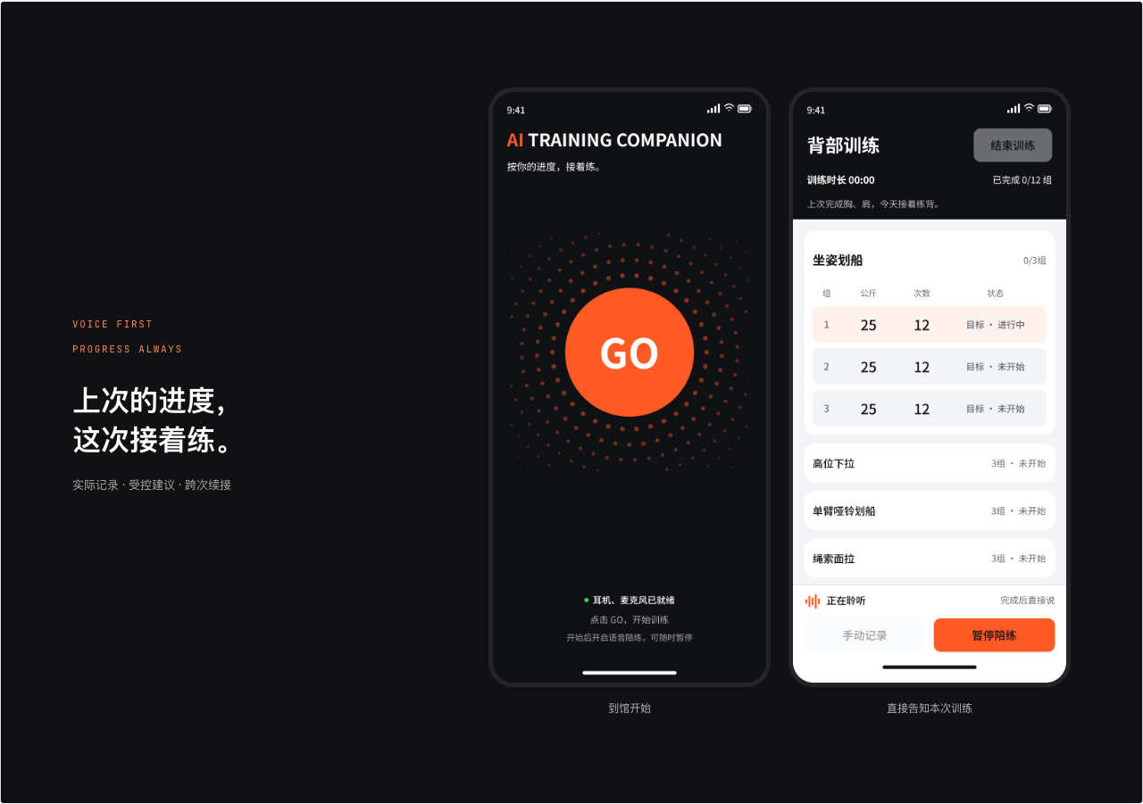 AI健身伙伴：开始训练与组次记录界面，概念原型